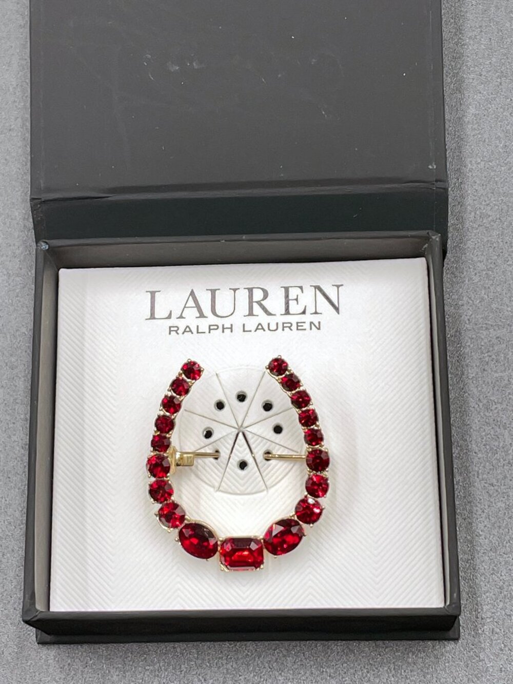 NWT Lauren Ralph Lauren Gold-Tone Siam Red Crystal Horseshoe Brooch Pin